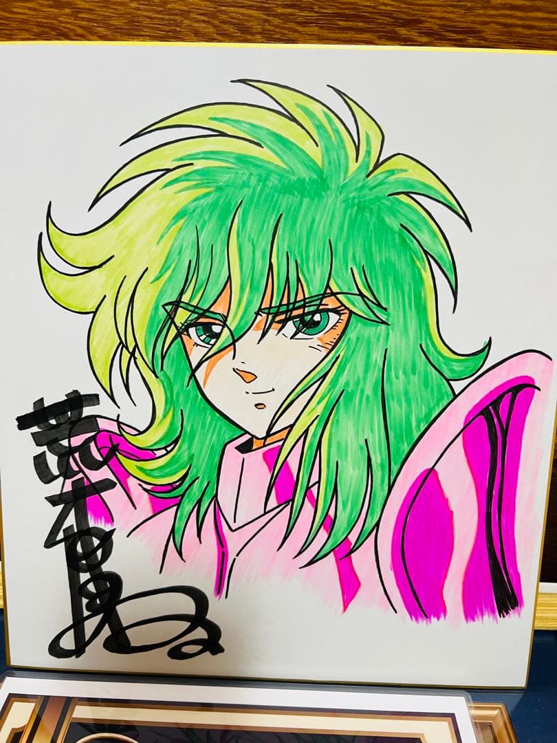 聖闘士星矢　荒木伸吾先生直筆サインカラー色紙　証明書額付　瞬　一輝　セル画セット