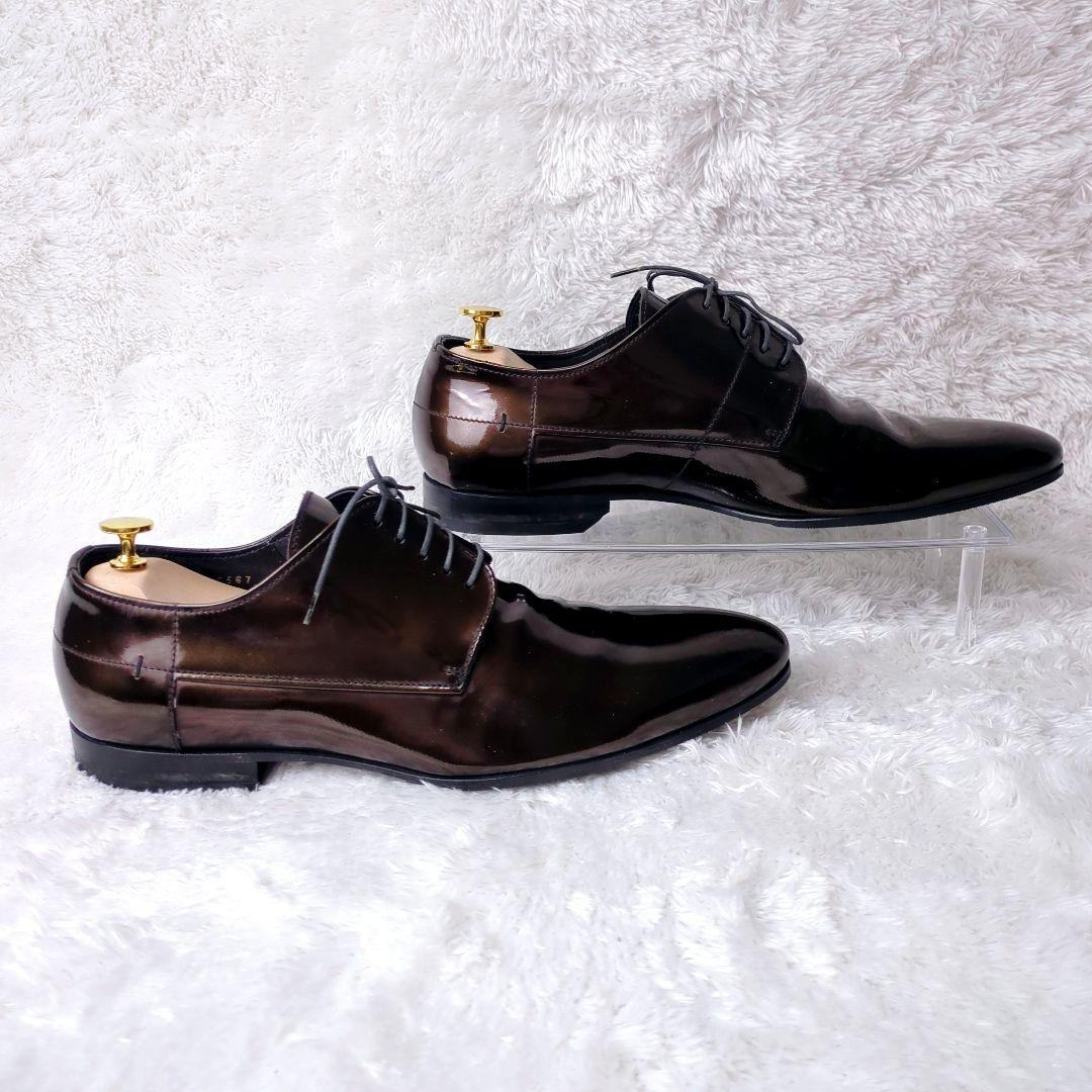 美品 ヒューゴボス ビジネスシューズ ドレスシューズ エナメル メンズ ブラウン