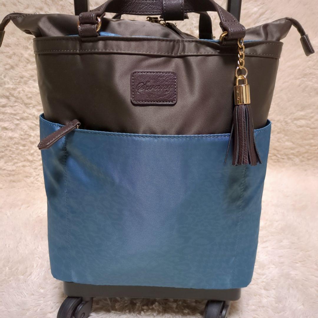 美品！SWANY　キャリーバッグ　ショッピングバッグ　レオパード　グリーン　4輪