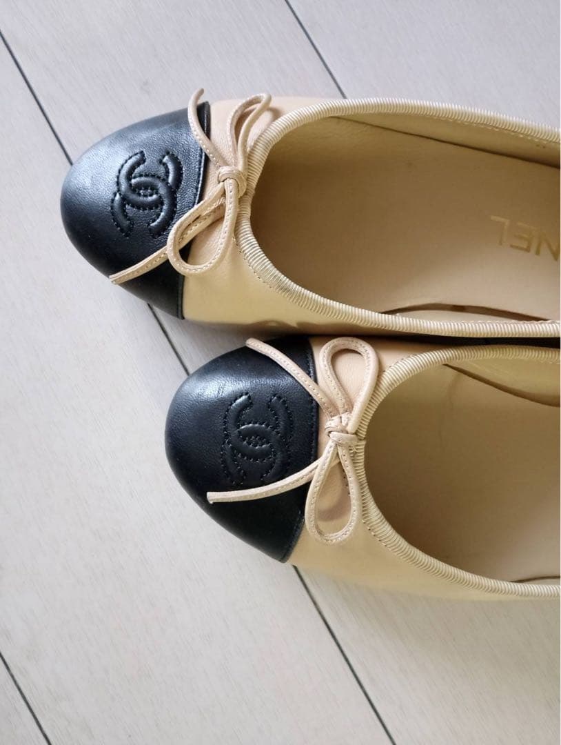 CHANEL シャネル バイカラー リボン バレリーナ フラットシューズ