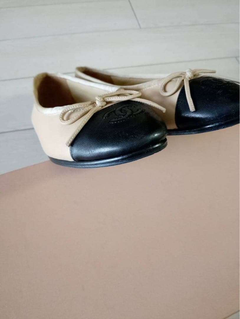 CHANEL シャネル バイカラー リボン バレリーナ フラットシューズ