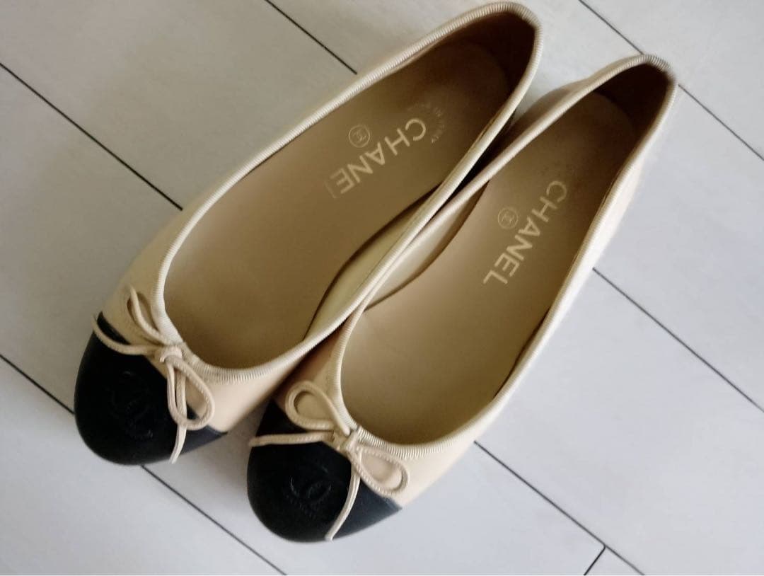 CHANEL シャネル バイカラー リボン バレリーナ フラットシューズ