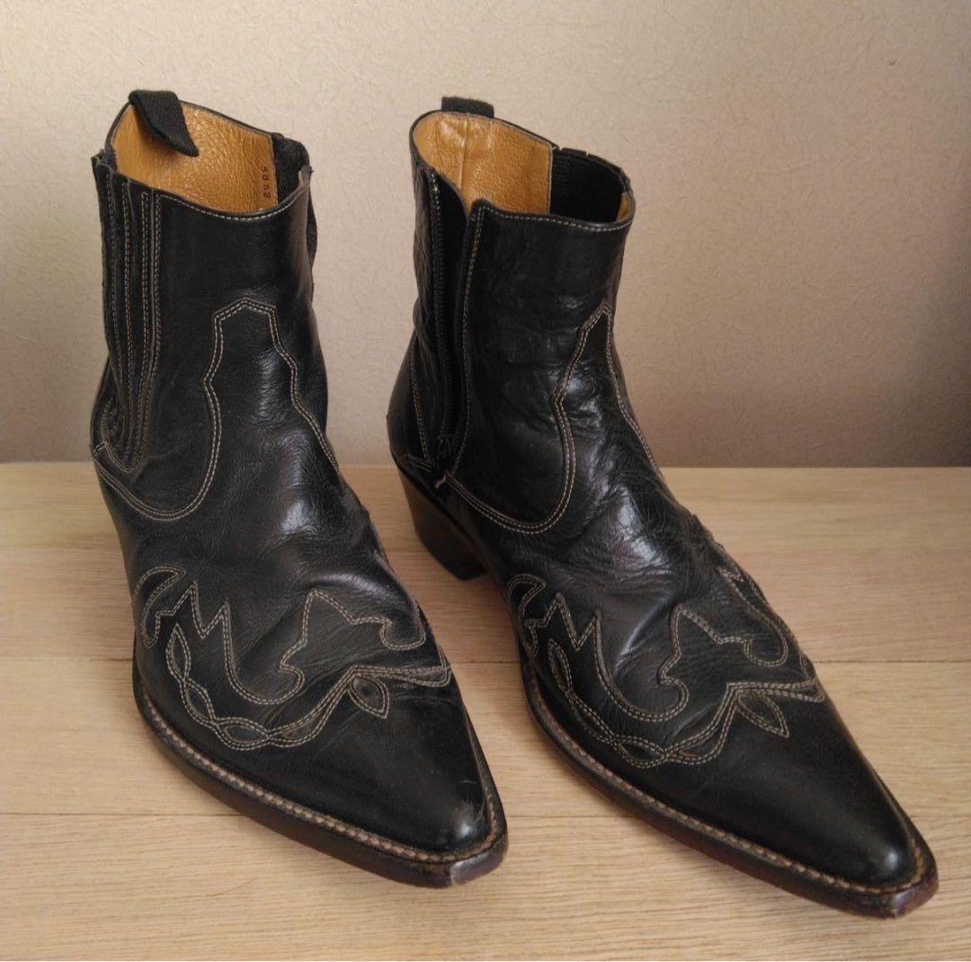 ブラック レザー ウエスタンブーツ 刺繍