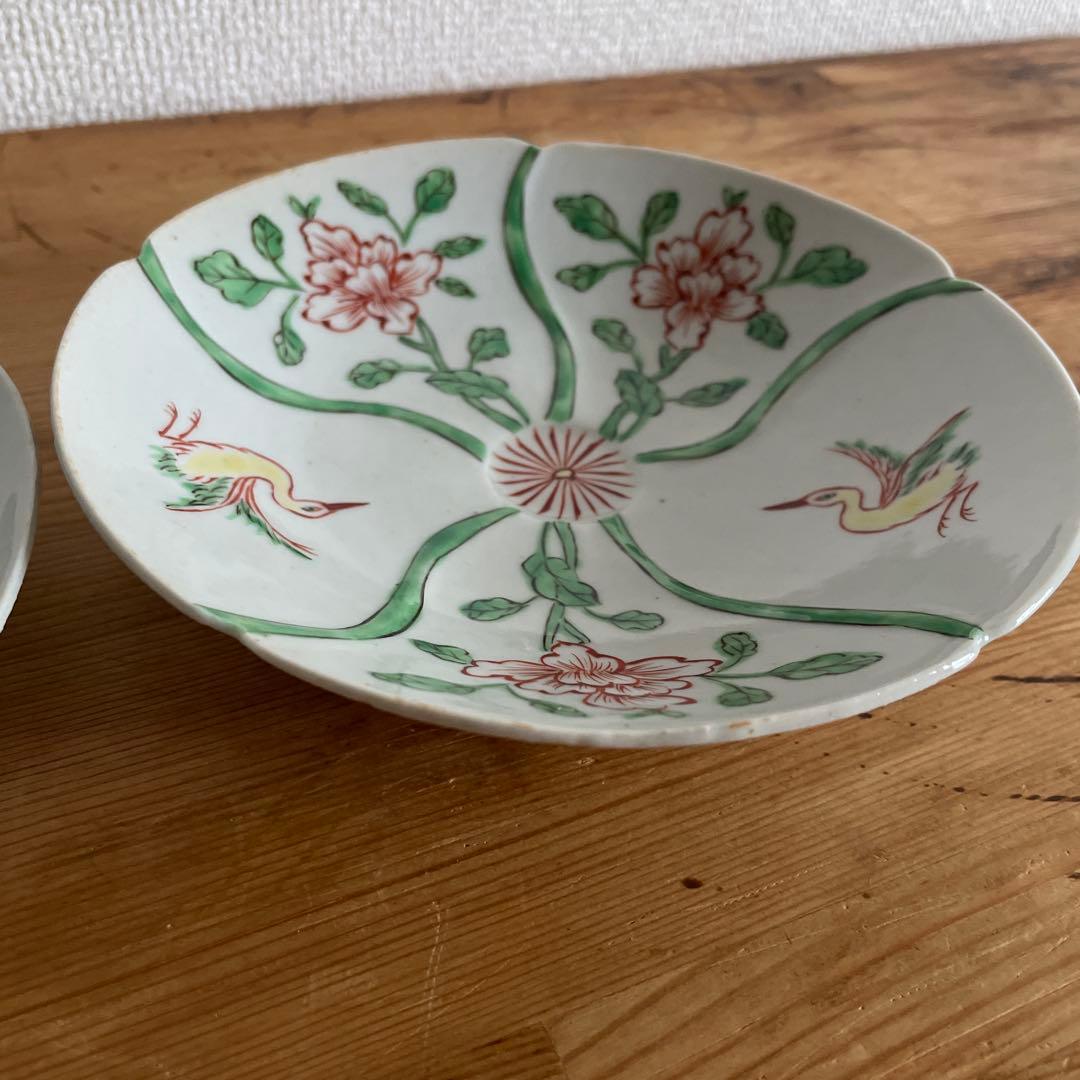 廣野俊彦　五彩花鳥絵輪花皿　南京色絵写　2客　定価33,000円