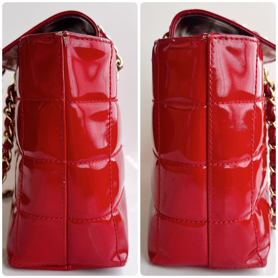 シャネル チョコバー チェーン トート ショルダー バッグ パテント エナメル