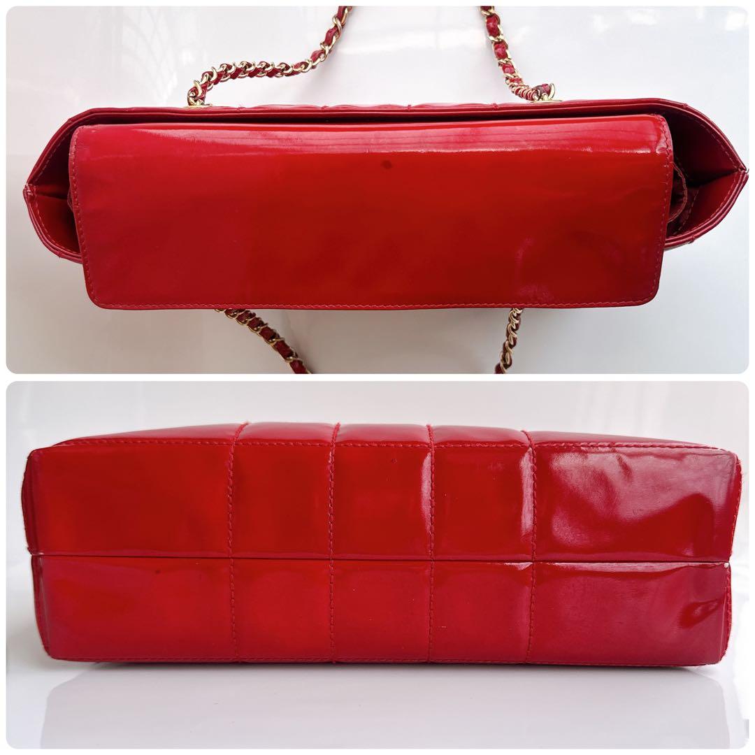 シャネル チョコバー チェーン トート ショルダー バッグ パテント エナメル