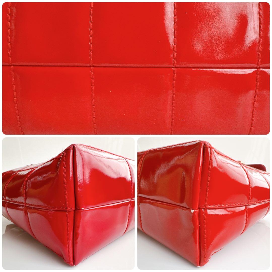 シャネル チョコバー チェーン トート ショルダー バッグ パテント エナメル