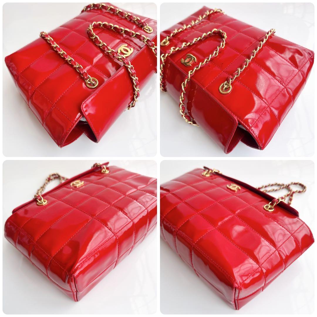 シャネル チョコバー チェーン トート ショルダー バッグ パテント エナメル