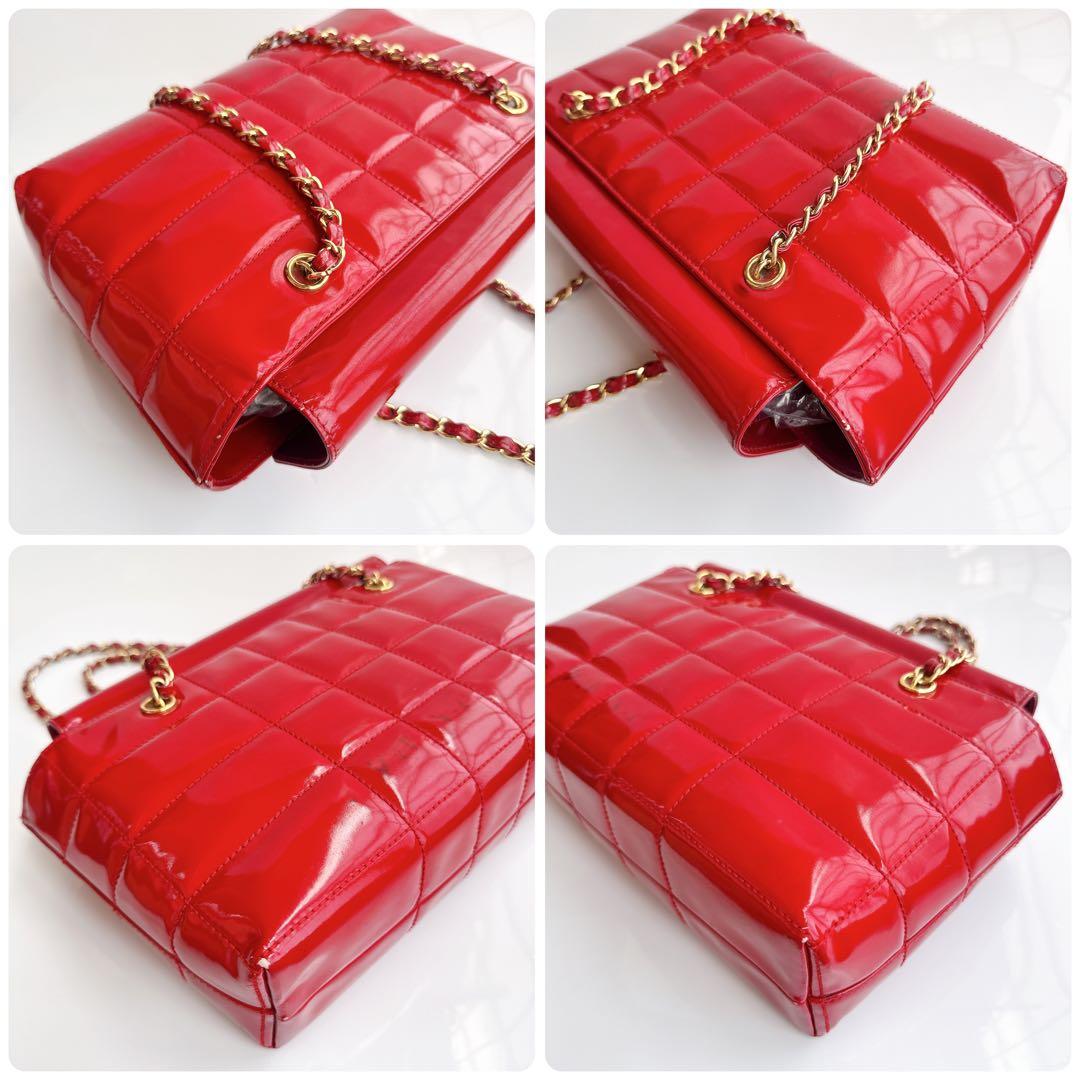 シャネル チョコバー チェーン トート ショルダー バッグ パテント エナメル