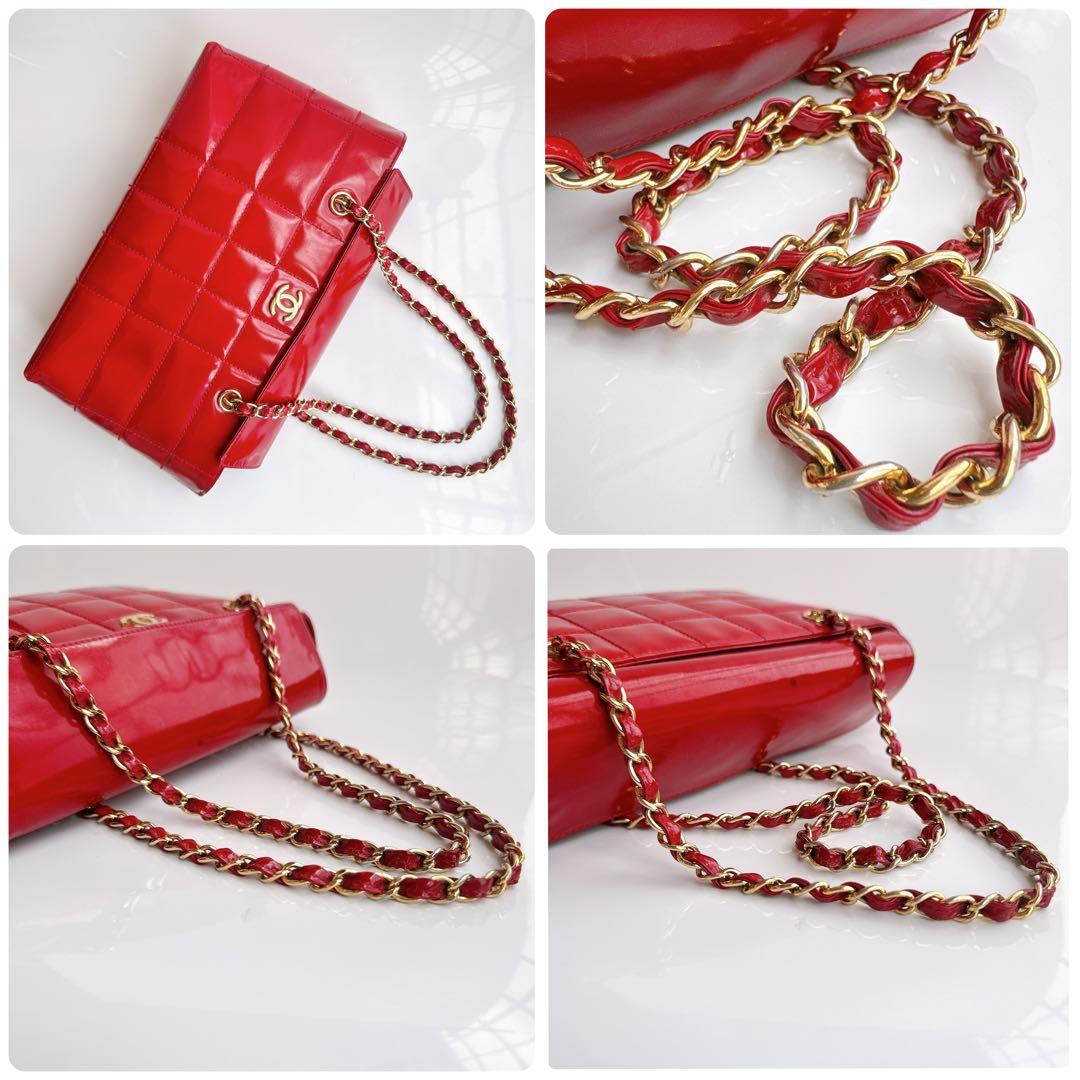 シャネル チョコバー チェーン トート ショルダー バッグ パテント エナメル