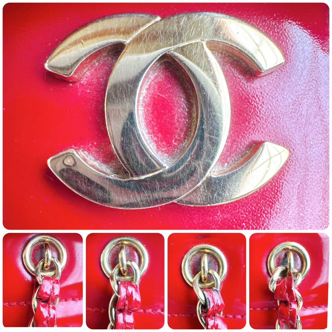 シャネル チョコバー チェーン トート ショルダー バッグ パテント エナメル