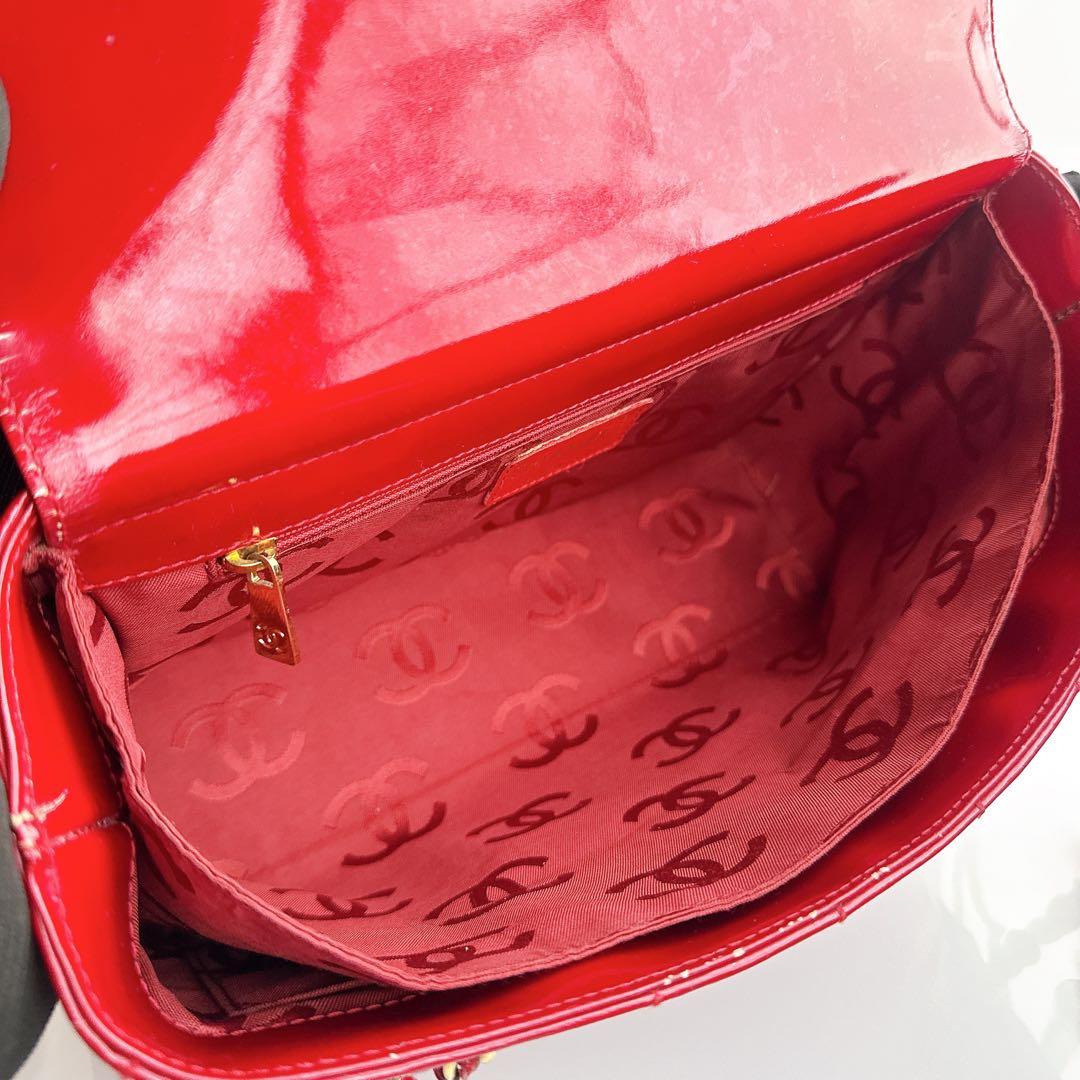 シャネル チョコバー チェーン トート ショルダー バッグ パテント エナメル