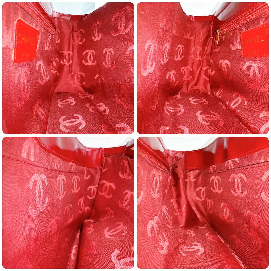 シャネル チョコバー チェーン トート ショルダー バッグ パテント エナメル