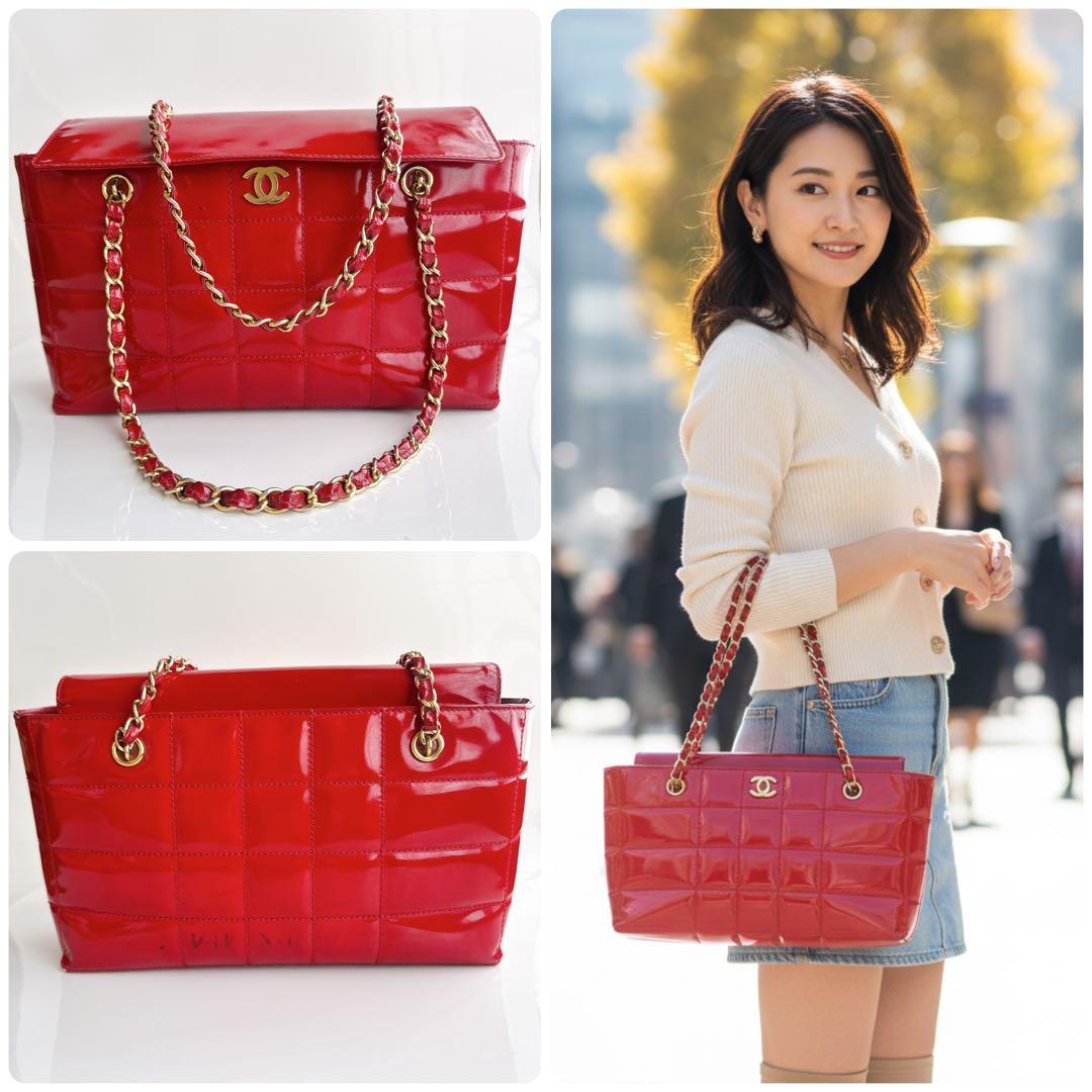 シャネル チョコバー チェーン トート ショルダー バッグ パテント エナメル