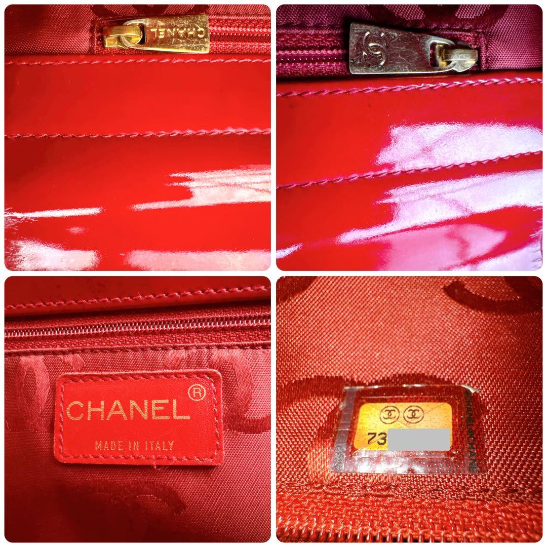 シャネル チョコバー チェーン トート ショルダー バッグ パテント エナメル