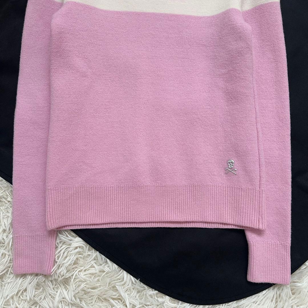 マークアンドロナ タートルネックニット スカルロゴ ピンク バイカラー S