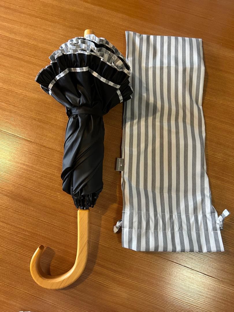 サンバリア100 日傘 2段折 フリル ストライプ グレー