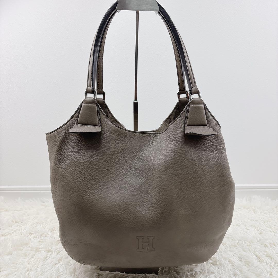 美品✨HIROFU ヒロフ レザー肩掛けバッグ グレーベージュ 保存袋付