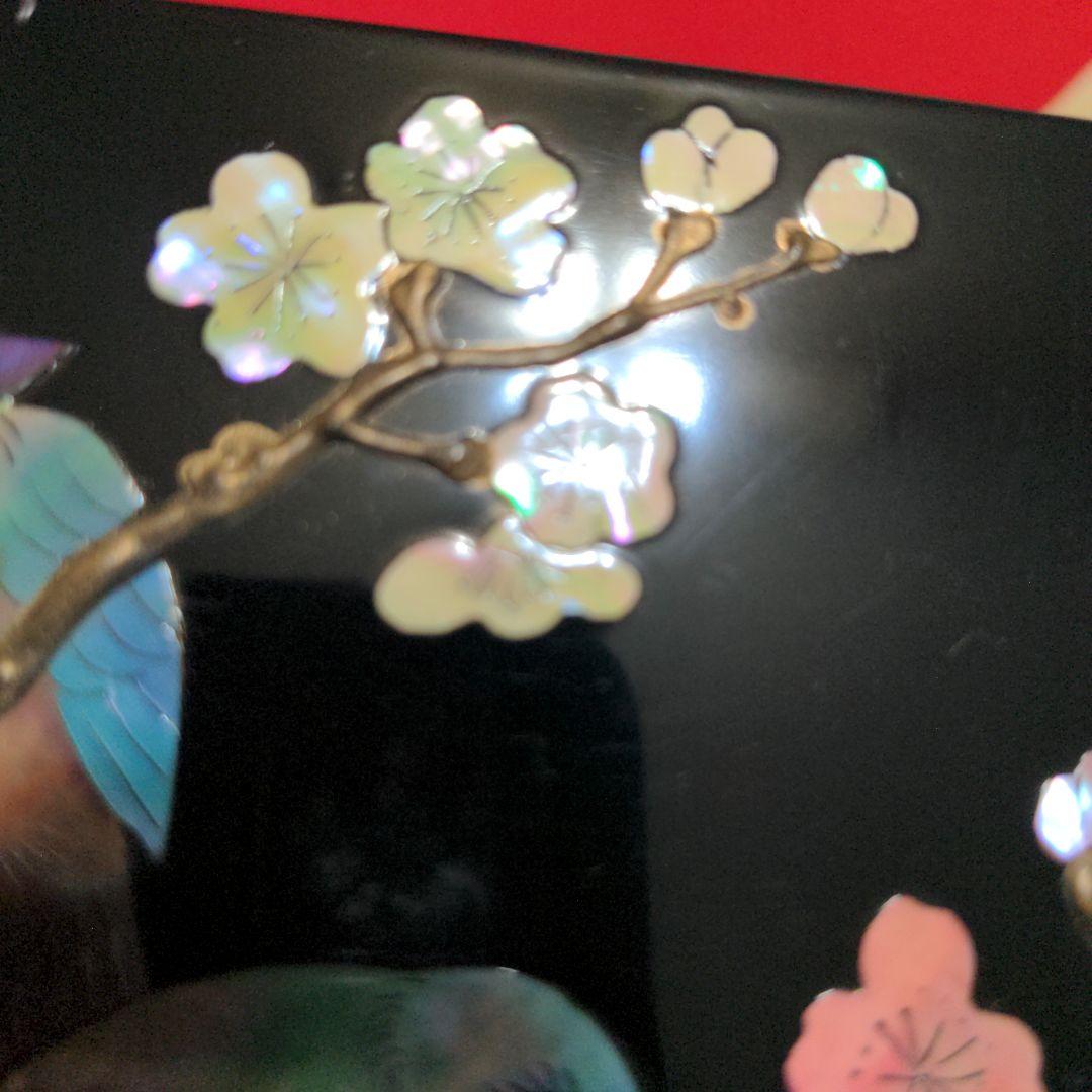 高岡漆器　武蔵川秀山作　青貝塗錆絵花鳥図　宝石箱　小物入　梅に樫鳥