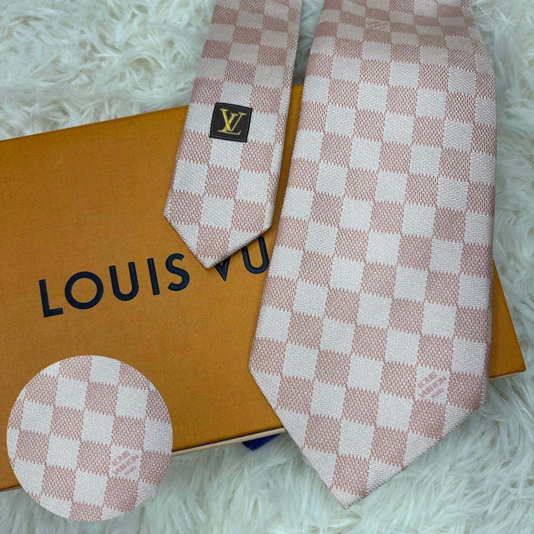 美品 ルイヴィトン ダミエ 現行 シルク ネクタイ ピンク