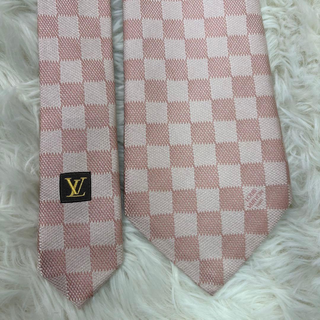 美品 ルイヴィトン ダミエ 現行 シルク ネクタイ ピンク