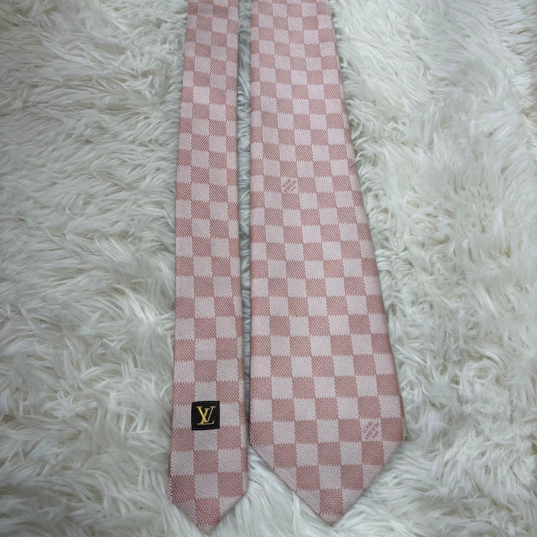 美品 ルイヴィトン ダミエ 現行 シルク ネクタイ ピンク