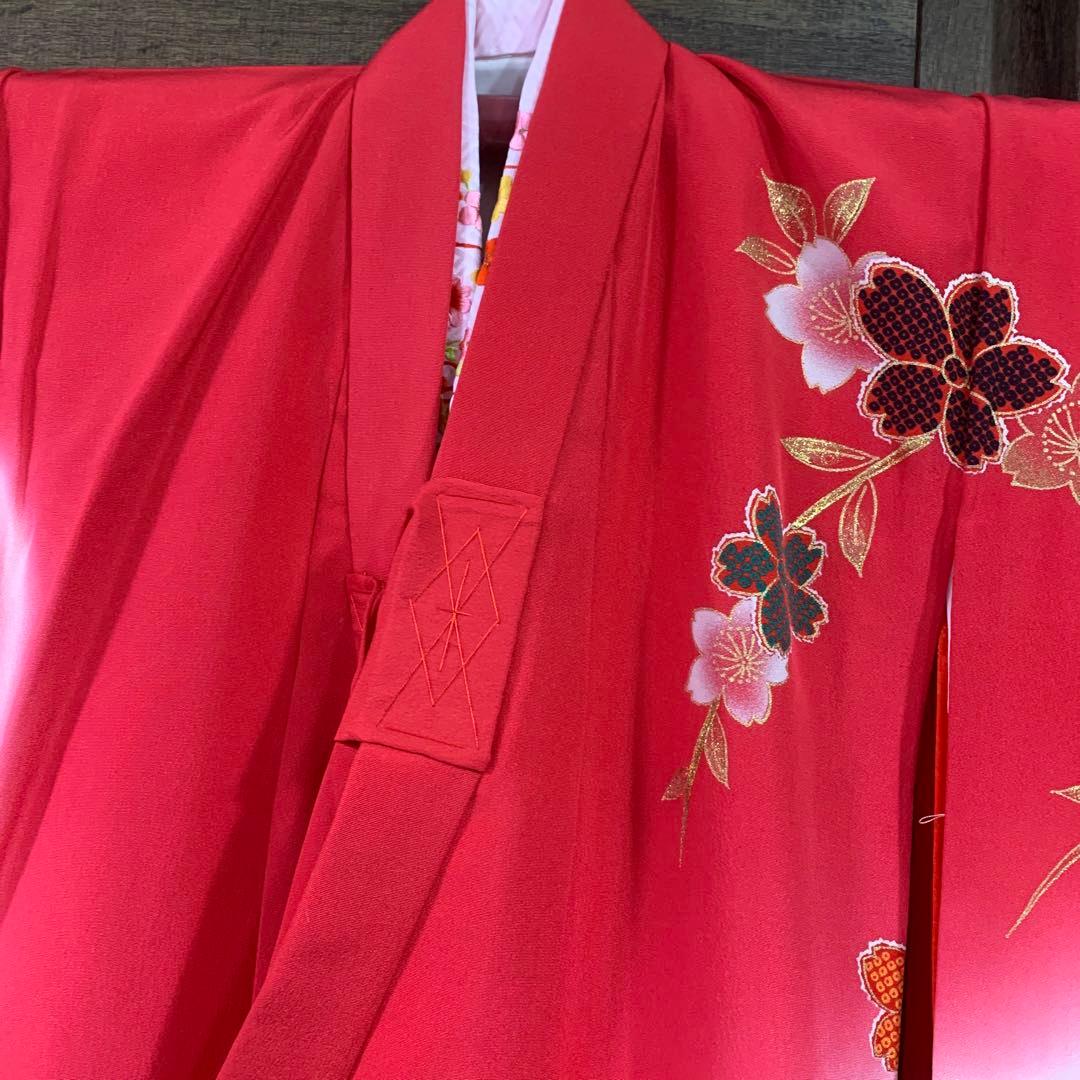 赤とピンクのグラデーション鼓模様お宮参り着物（内袖・長襦袢）