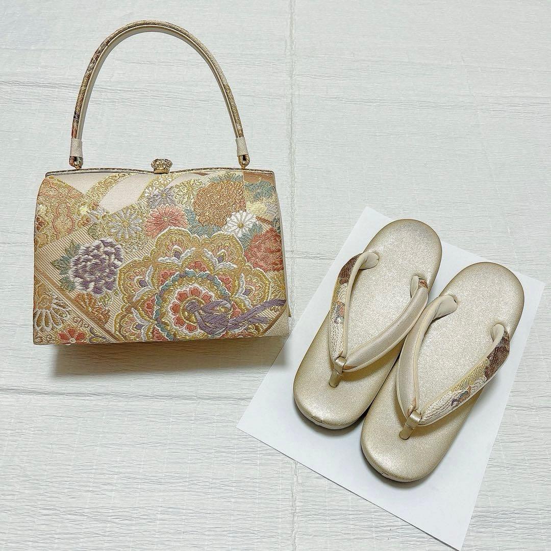 紗織　バッグ　草履　セット　M寸　振袖　成人式　正絹帯地　金糸　フォーマル