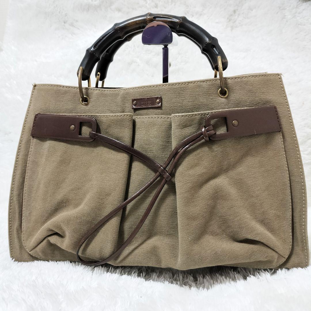 GUCCI グッチ バンブー キャンバス トートバッグ カーキベージュ 茶 黒