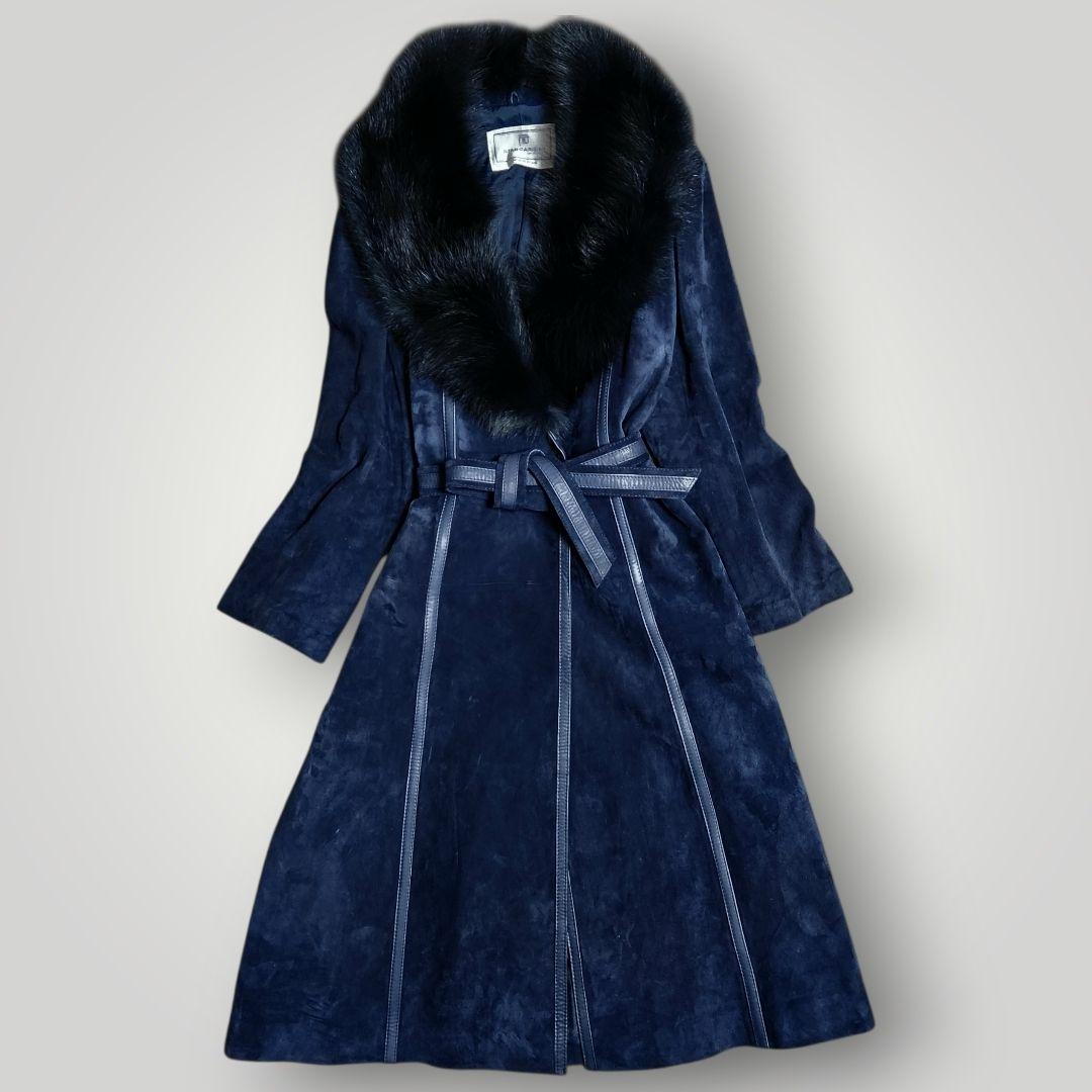 本革 スエード 112cmマキシ丈 ベルテッド ロングコート M ショールカラー