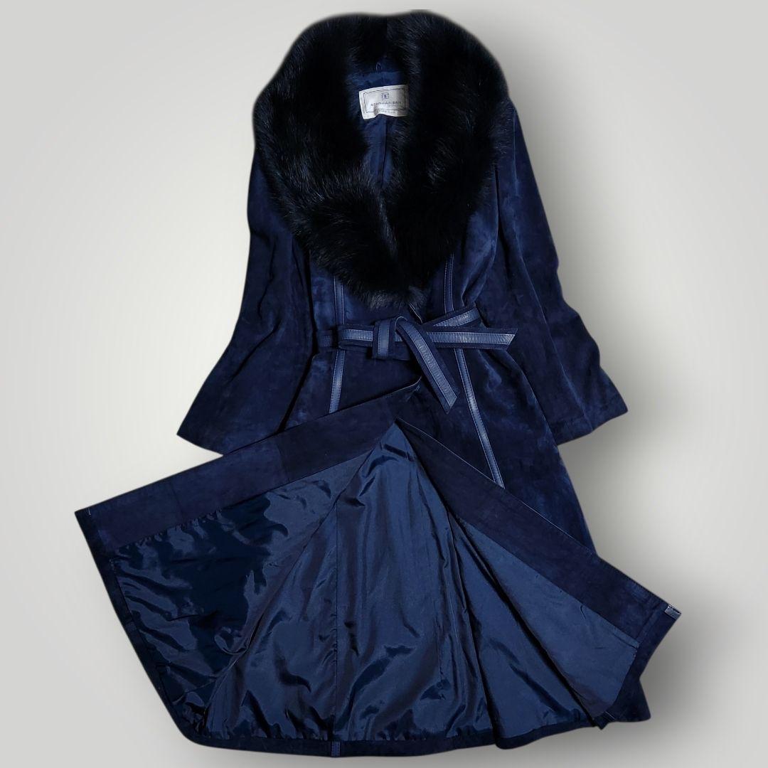 本革 スエード 112cmマキシ丈 ベルテッド ロングコート M ショールカラー