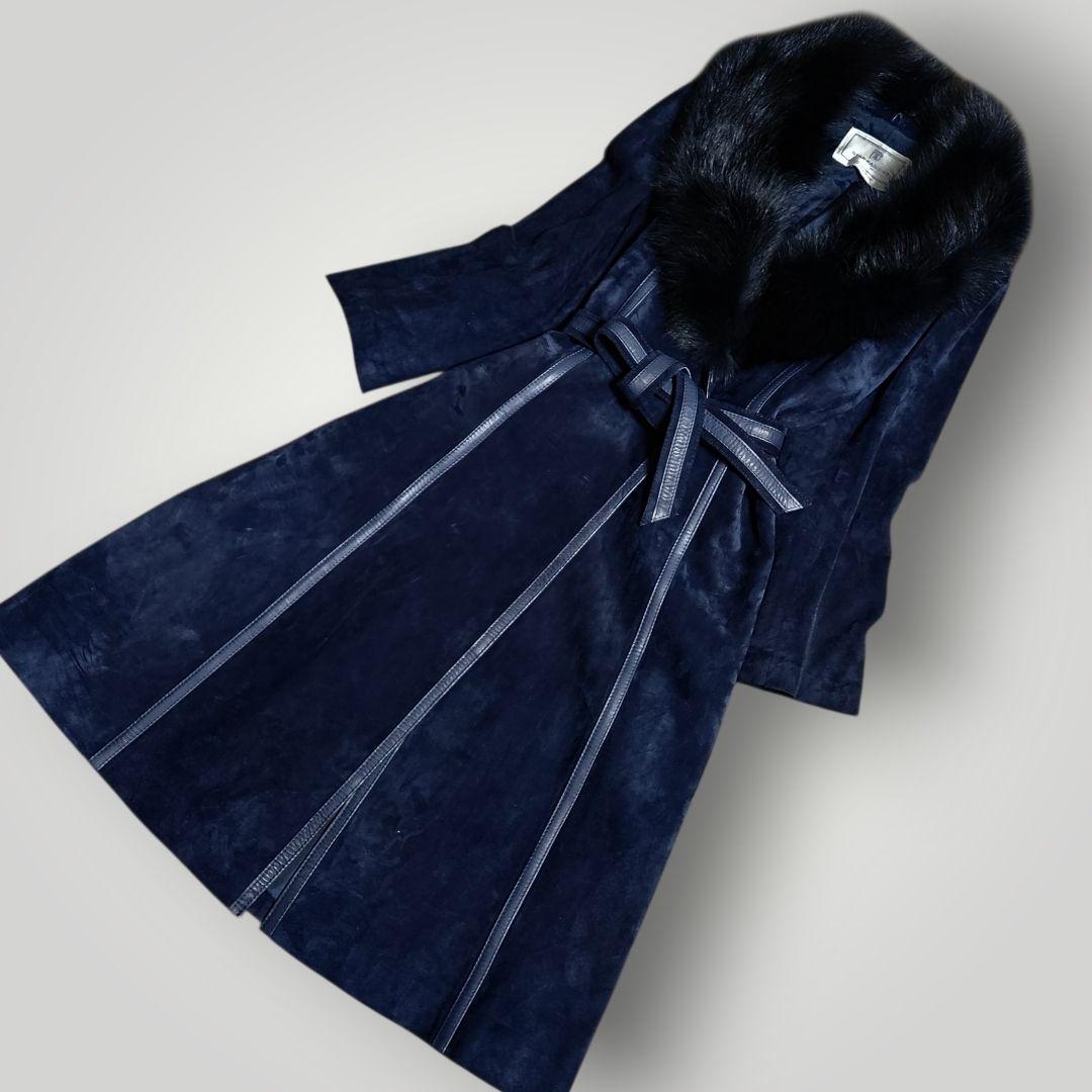 本革 スエード 112cmマキシ丈 ベルテッド ロングコート M ショールカラー