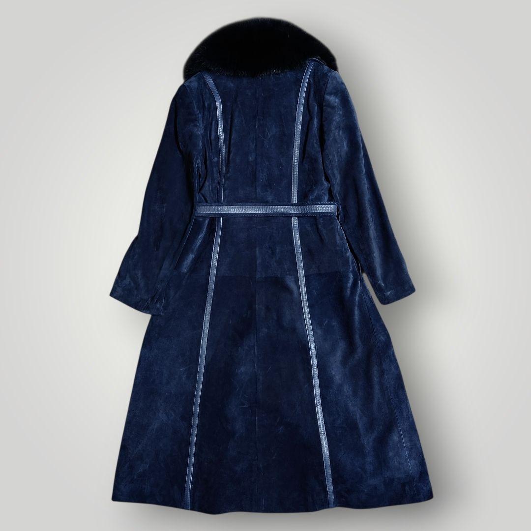 本革 スエード 112cmマキシ丈 ベルテッド ロングコート M ショールカラー