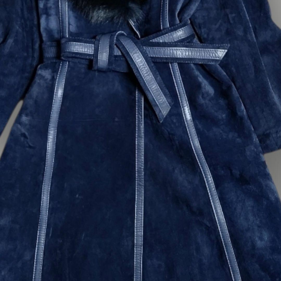 本革 スエード 112cmマキシ丈 ベルテッド ロングコート M ショールカラー