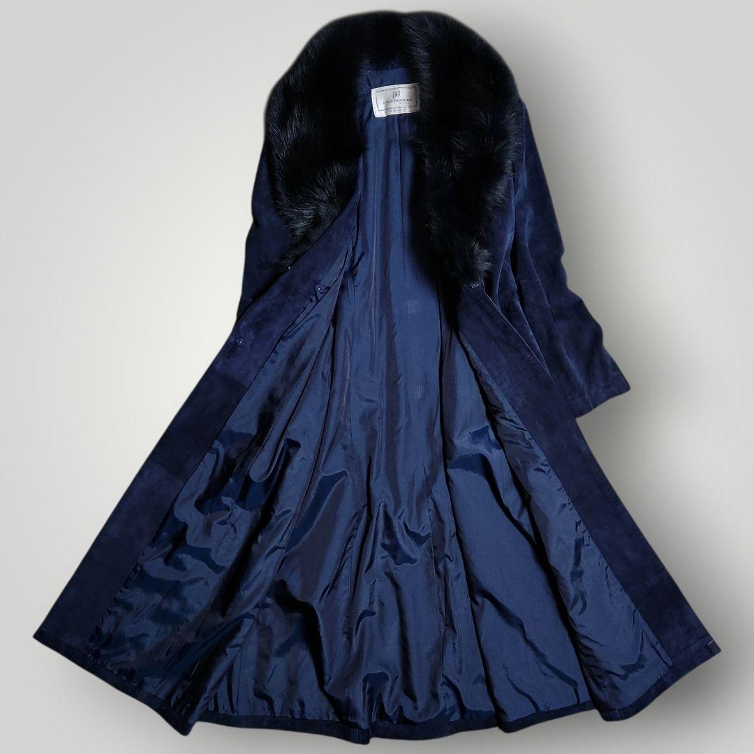 本革 スエード 112cmマキシ丈 ベルテッド ロングコート M ショールカラー