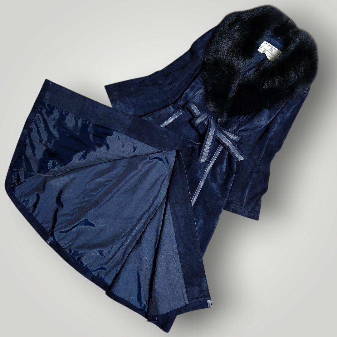 本革 スエード 112cmマキシ丈 ベルテッド ロングコート M ショールカラー