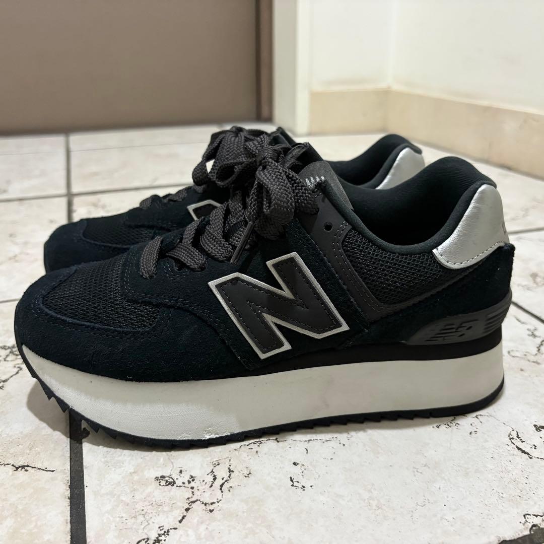 【美品】New Balance 574 ブラック 厚底スニーカー