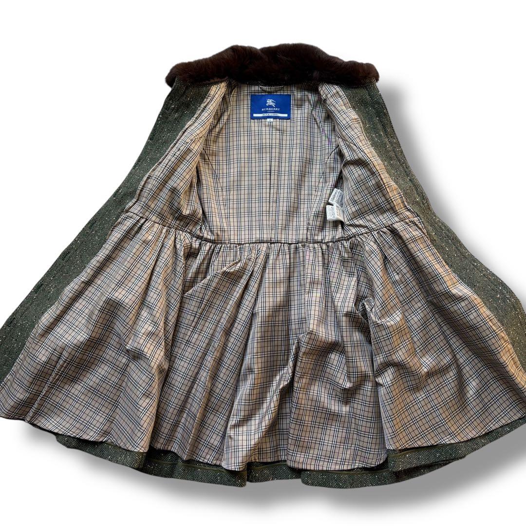 バーバリーブルーレーベル ロングコート ノバチェック ヘリンボーン ラビット