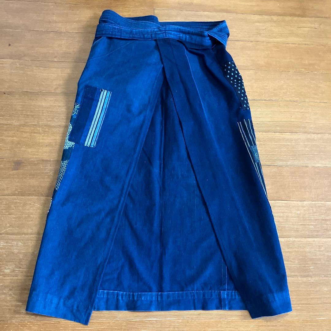 藍染めリメイク前掛エプロンショルダー2way型染め雪ん子縞木綿山葡萄ボタン