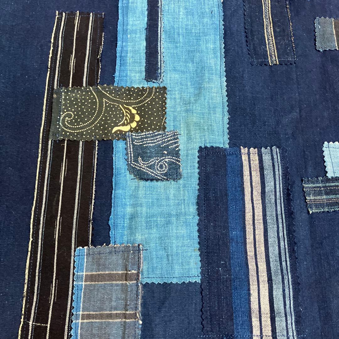 藍染めリメイク前掛エプロンショルダー2way型染め雪ん子縞木綿山葡萄ボタン