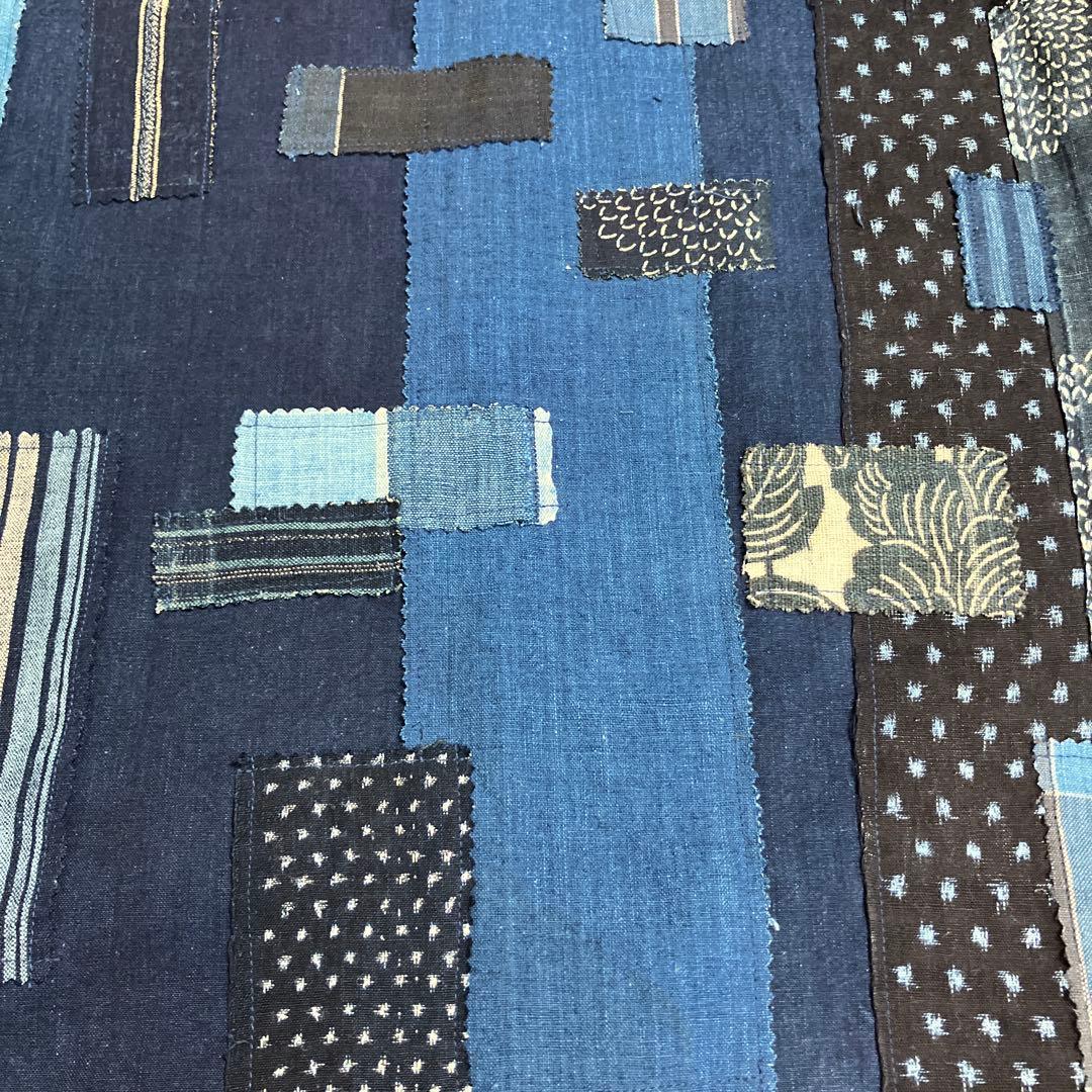 藍染めリメイク前掛エプロンショルダー2way型染め雪ん子縞木綿山葡萄ボタン