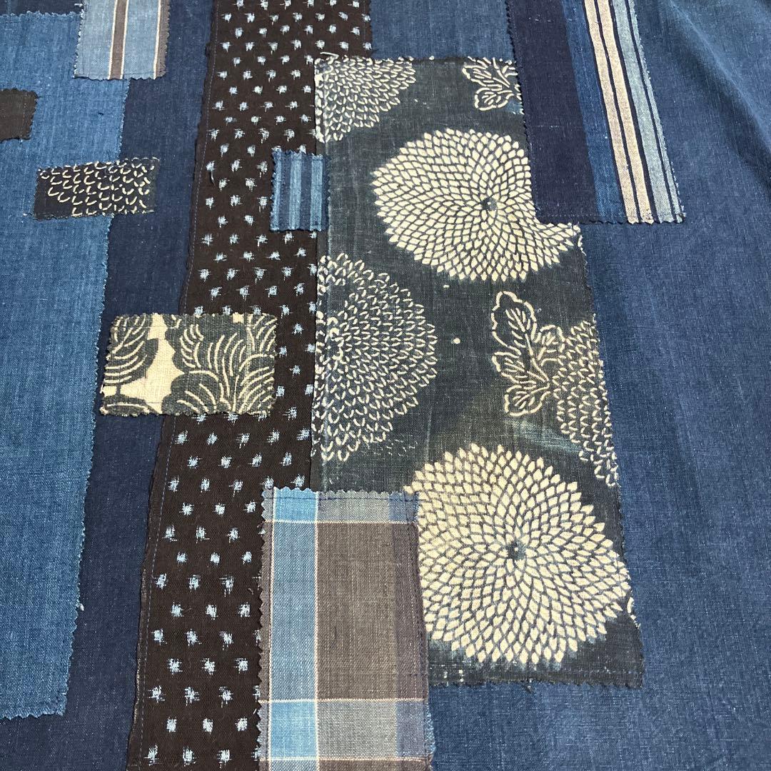 藍染めリメイク前掛エプロンショルダー2way型染め雪ん子縞木綿山葡萄ボタン