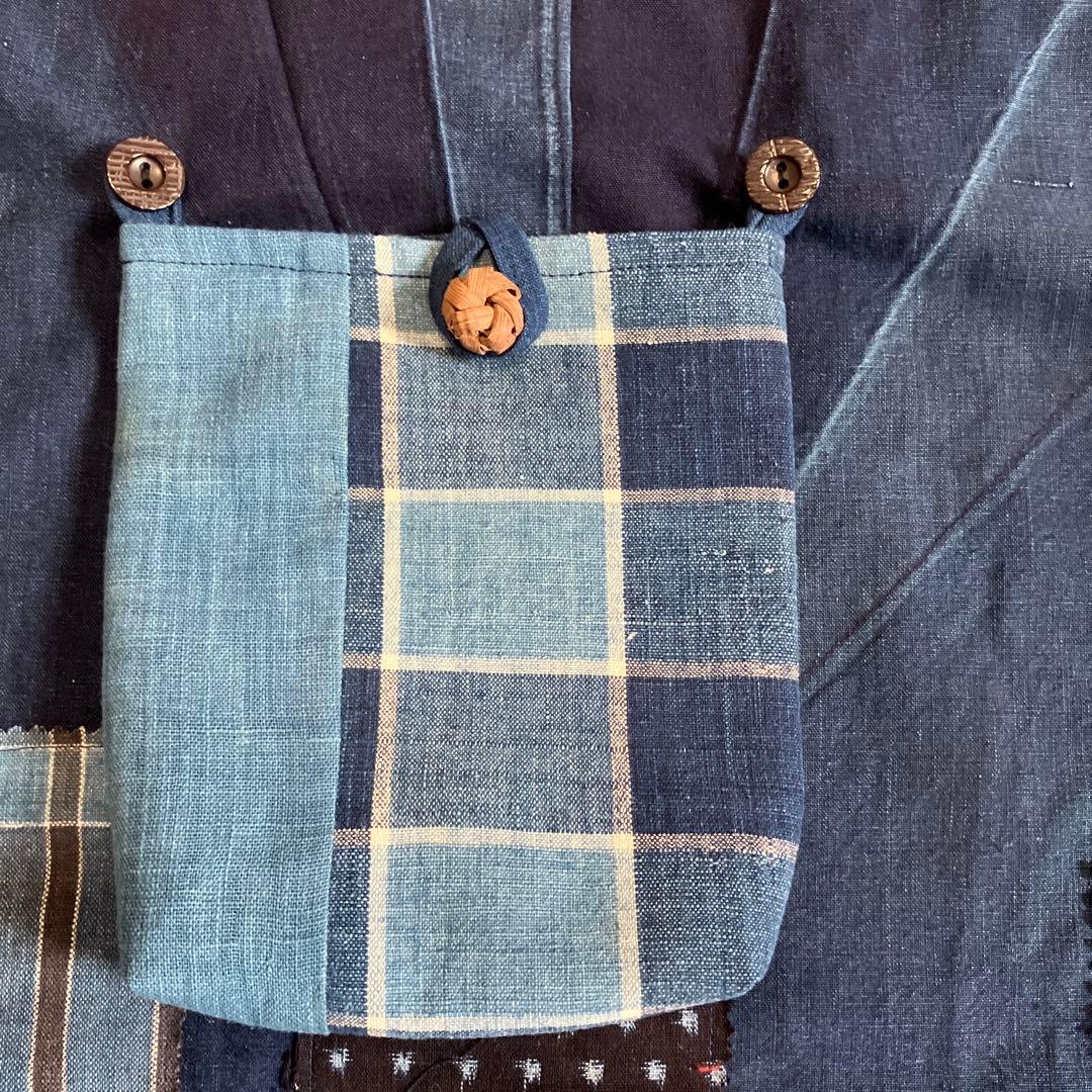 藍染めリメイク前掛エプロンショルダー2way型染め雪ん子縞木綿山葡萄ボタン