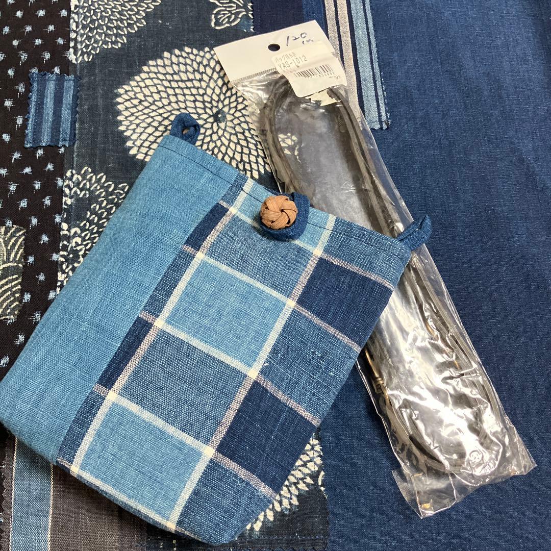 藍染めリメイク前掛エプロンショルダー2way型染め雪ん子縞木綿山葡萄ボタン