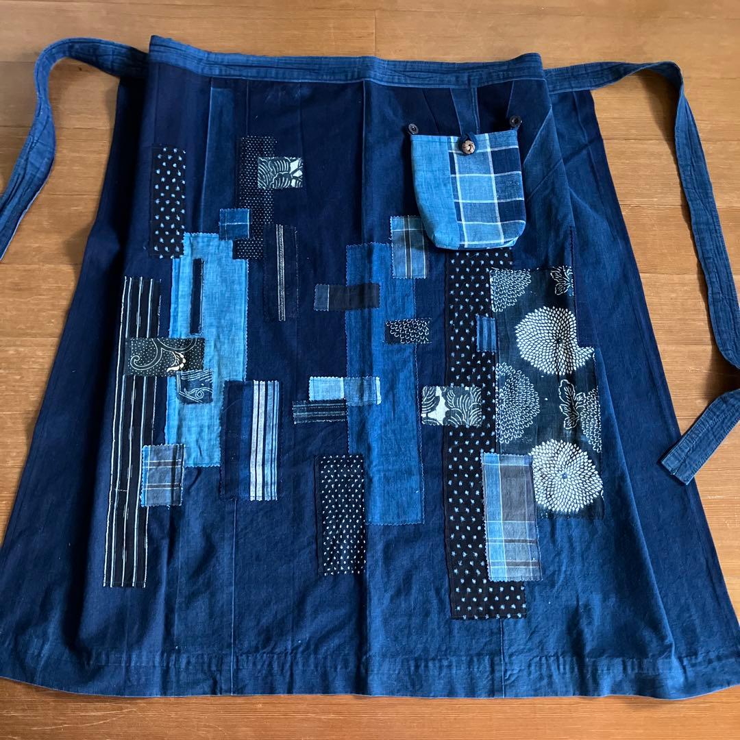藍染めリメイク前掛エプロンショルダー2way型染め雪ん子縞木綿山葡萄ボタン