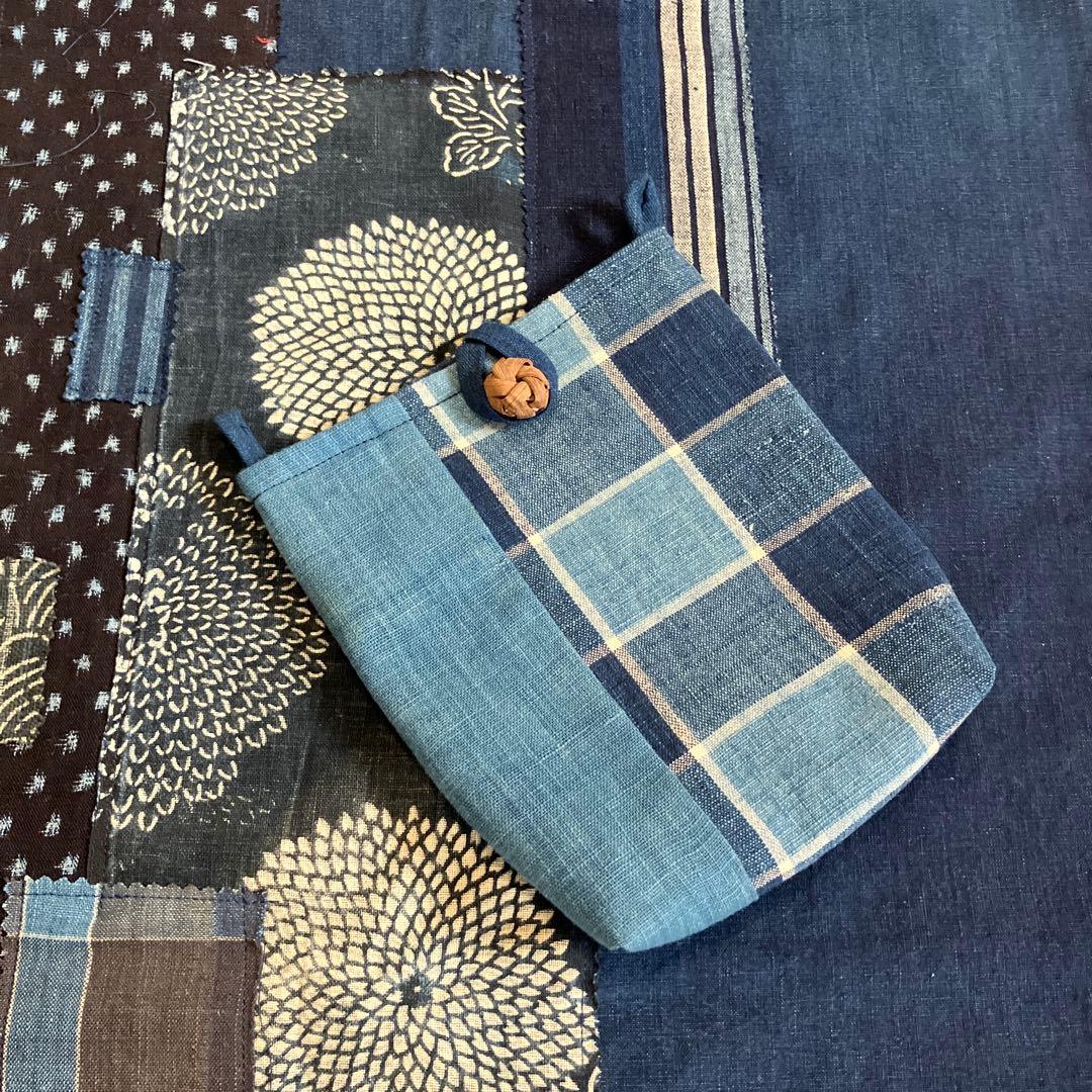 藍染めリメイク前掛エプロンショルダー2way型染め雪ん子縞木綿山葡萄ボタン