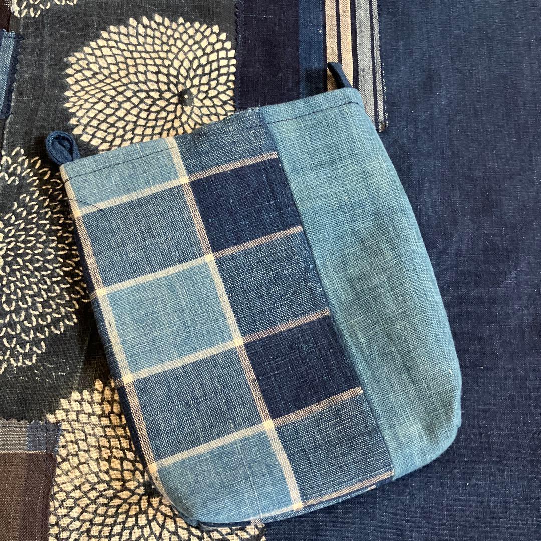藍染めリメイク前掛エプロンショルダー2way型染め雪ん子縞木綿山葡萄ボタン
