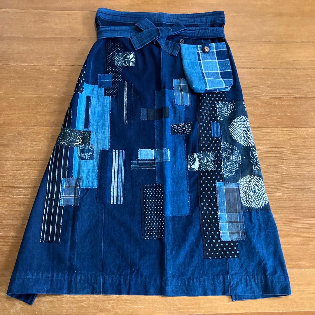 藍染めリメイク前掛エプロンショルダー2way型染め雪ん子縞木綿山葡萄ボタン