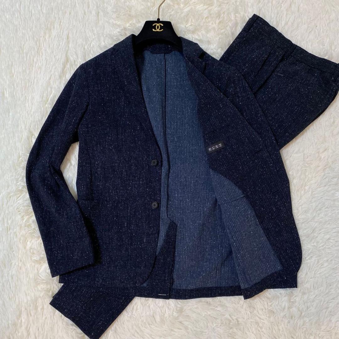 未使用級✨PLST シアサッカー 洗える ストレッチ セットアップ ネイビー S