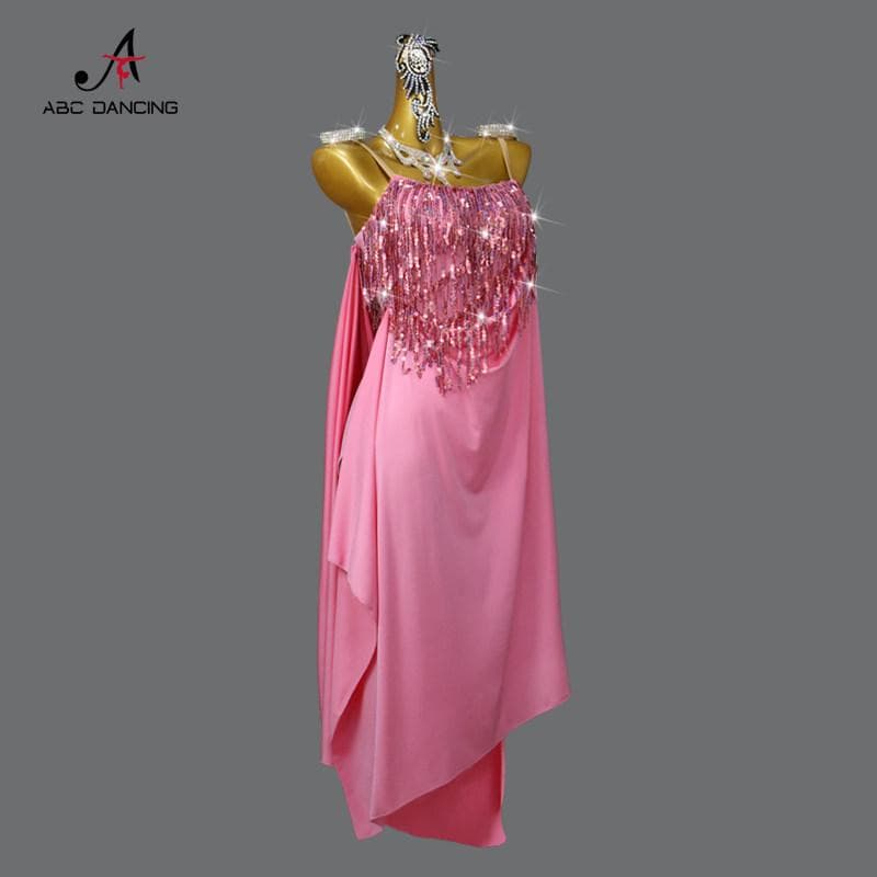 社交ダンス衣装ルンバ用ラテンドレスピンクキラキラスパンコールフリンジ競技会デモ